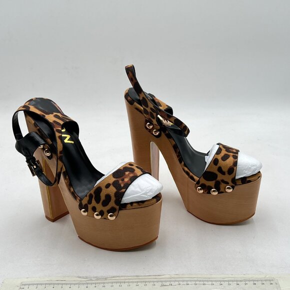 YDN Leopard Platform Sandal Open Round Toe Chunky High Heels Ankle Strap Shoe - Picture 4 of 8